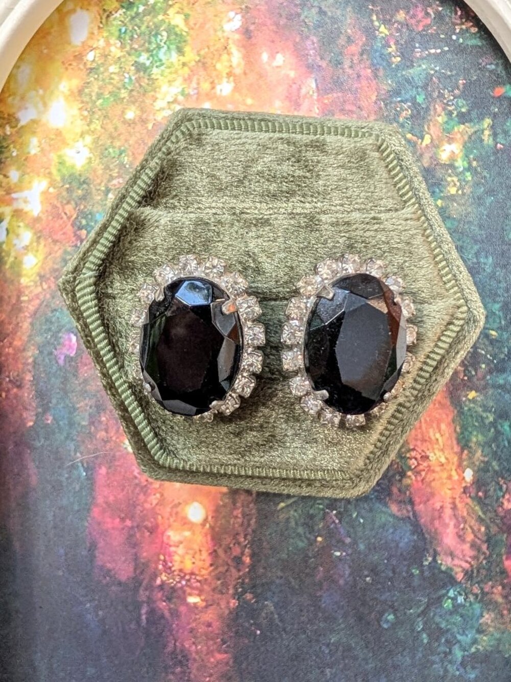 1940's - 1950's Jet Black Glass & Rhinestone Silver Tone Earrings, Post Back